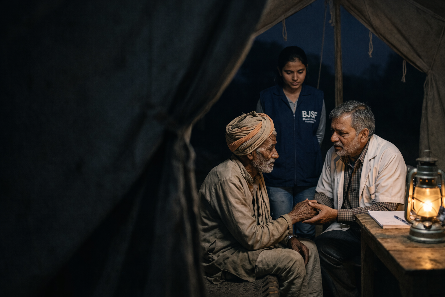 BJSF medical team and volunteers conducting a grassroots health camp at dusk