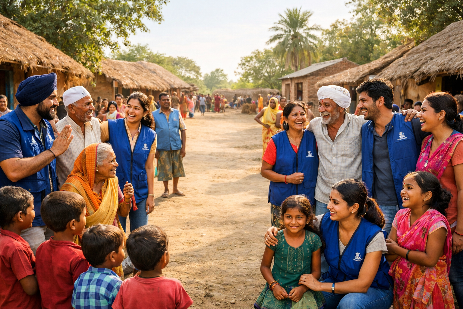 Diverse group of BJSF volunteers interacting joyfully with local villagers in a rural setting
