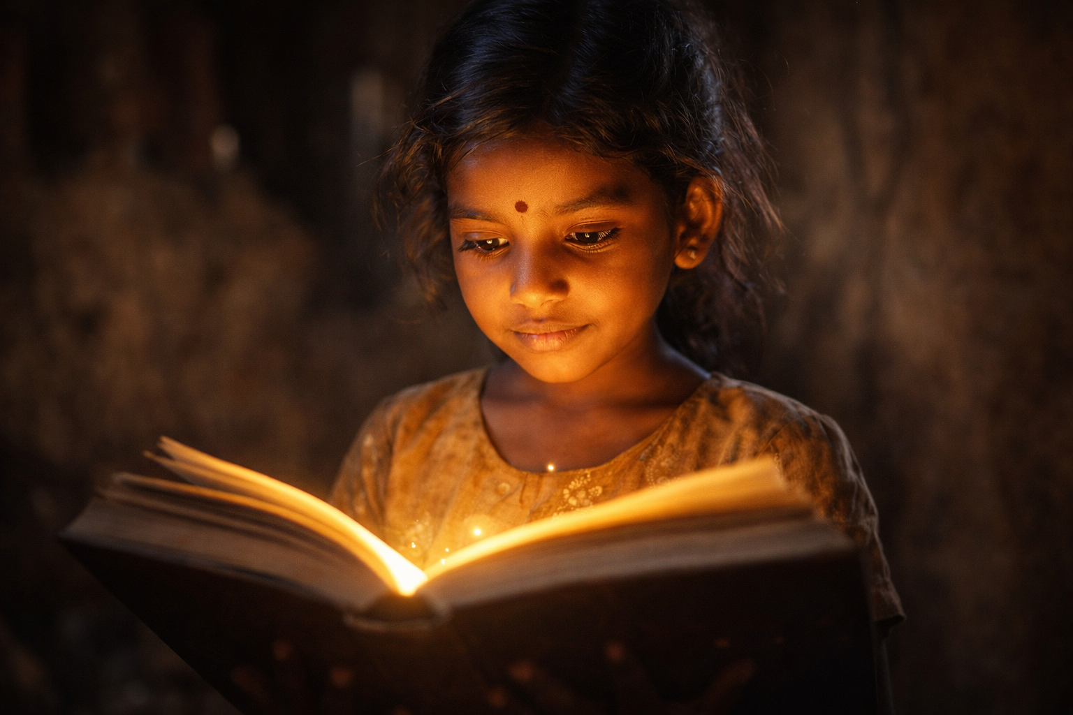 Young village girl reading a book in golden lantern light
